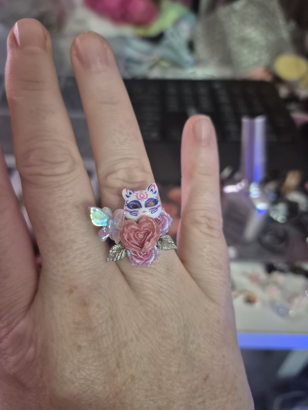 Pink Rose & Fox Accent Statement Ring for Women